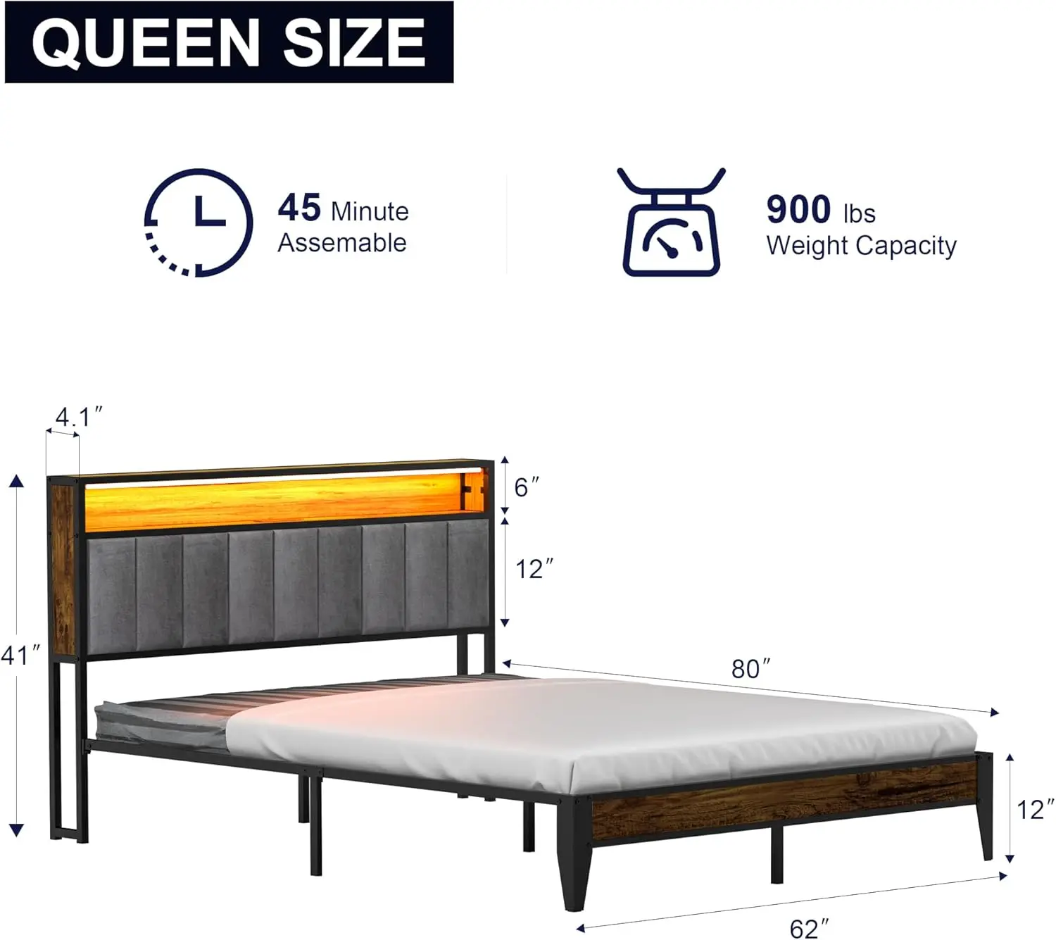 Bed Frame, Queen Size Metal Platform with Storage & LED Light Headboard and 1 Type C & 2 USB Charging Station, No Box Spring Nee