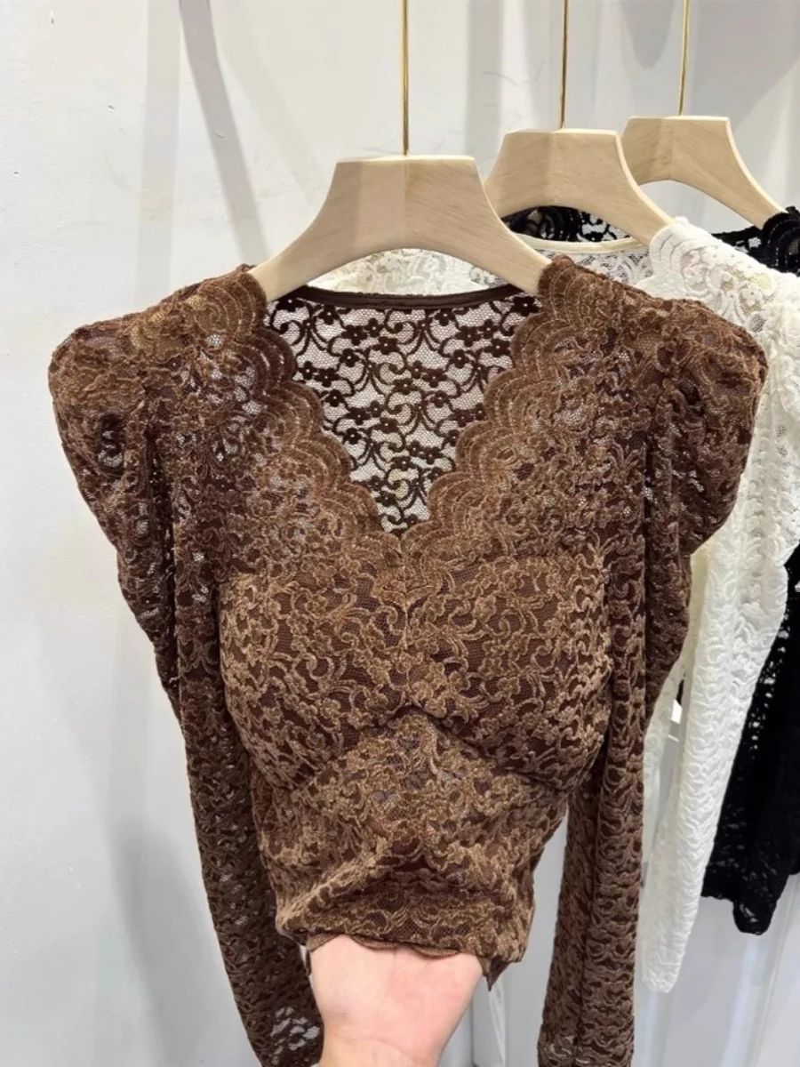 

Новая женская кружевная майка с V-образным вырезом, свободного кроя, кофейного цвета, в корейском стиле, для весны и осени