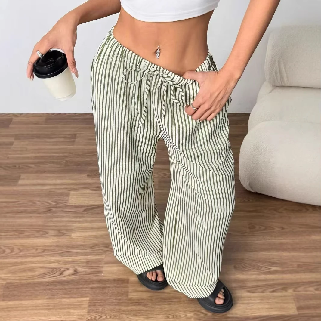 GG American Style Retro Vertical Stripe Drawstring Wide Leg Pants High Waist Dipping Loose Straight Casual Pants