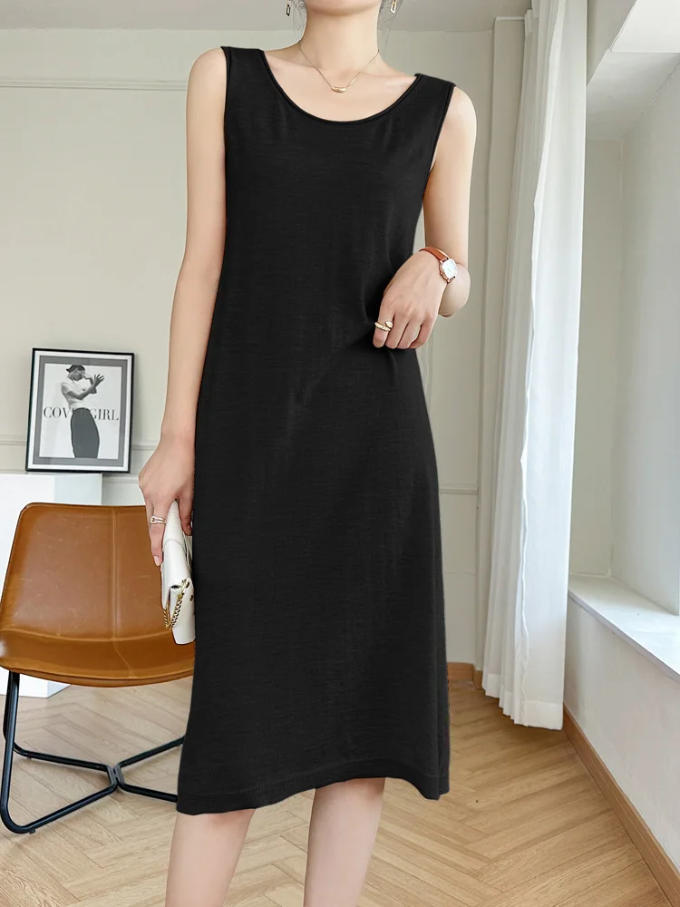 

Женское платье-бретелька из 100% шерсти Merino с низким круглым вырезом, пуловер без рукавов, повседневная модная трикотажная длинная юбка