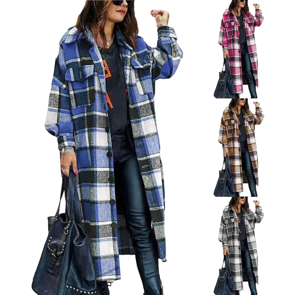 Women Woolen Jacket Plaid Print Women's Jacket with Lapel Mid Length Single-breasted Pockets Thick Warm Streetwear Coat for Lady