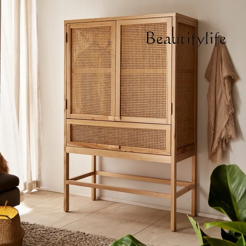 Designer homestay hotel rattan woven full solid wood wardrobe Nordic bedroom storage cabinet storage cabinet