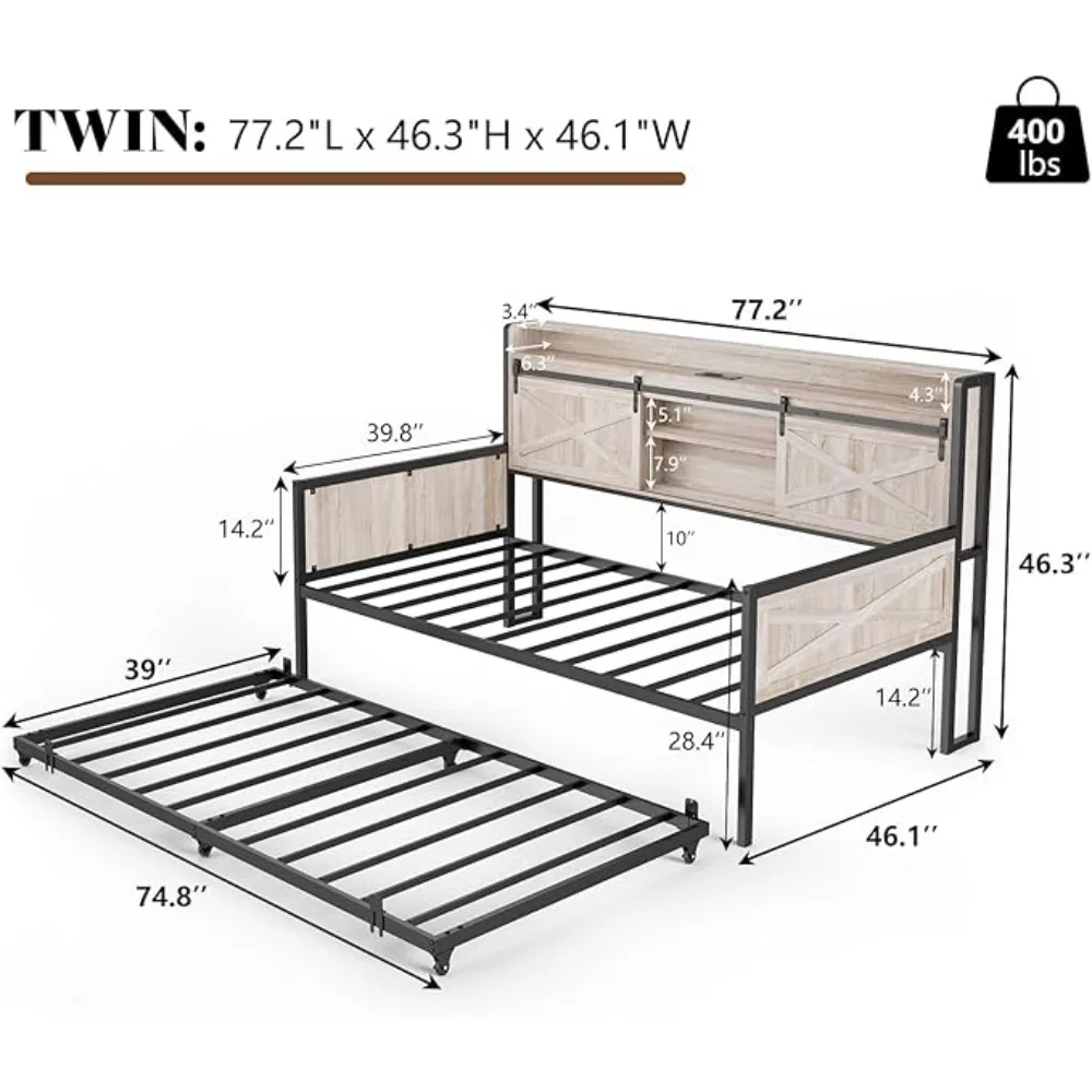 

Farmhouse Daybed Frame with Sliding Barn Door Headboard and Charging Station & LED Light for Bedroom