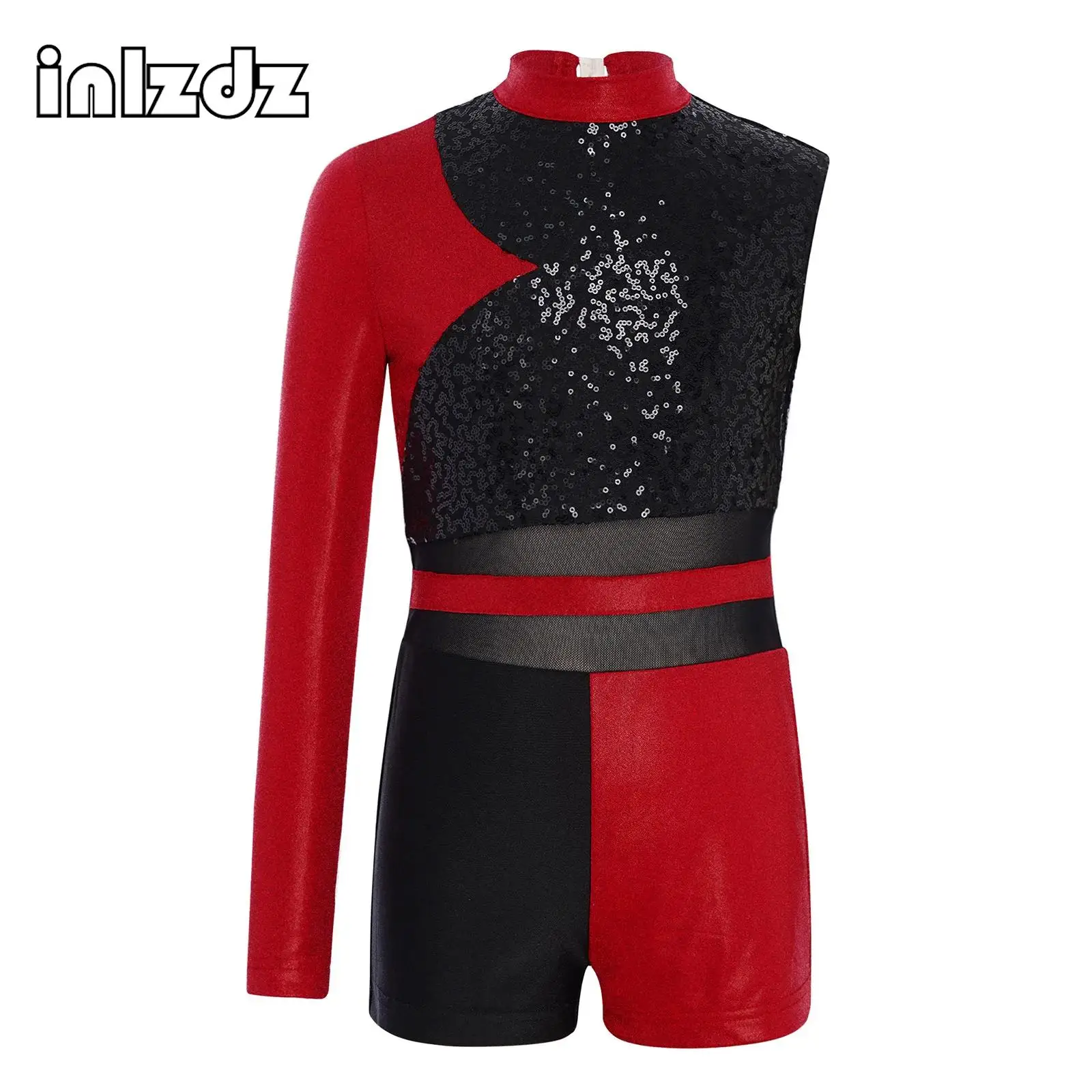 crianca-menina-lantejoulas-ginastica-danca-macacao-metalico-assimetrico-collant-ballet-patinacao-artistica-desempenho-competicao-dancewear