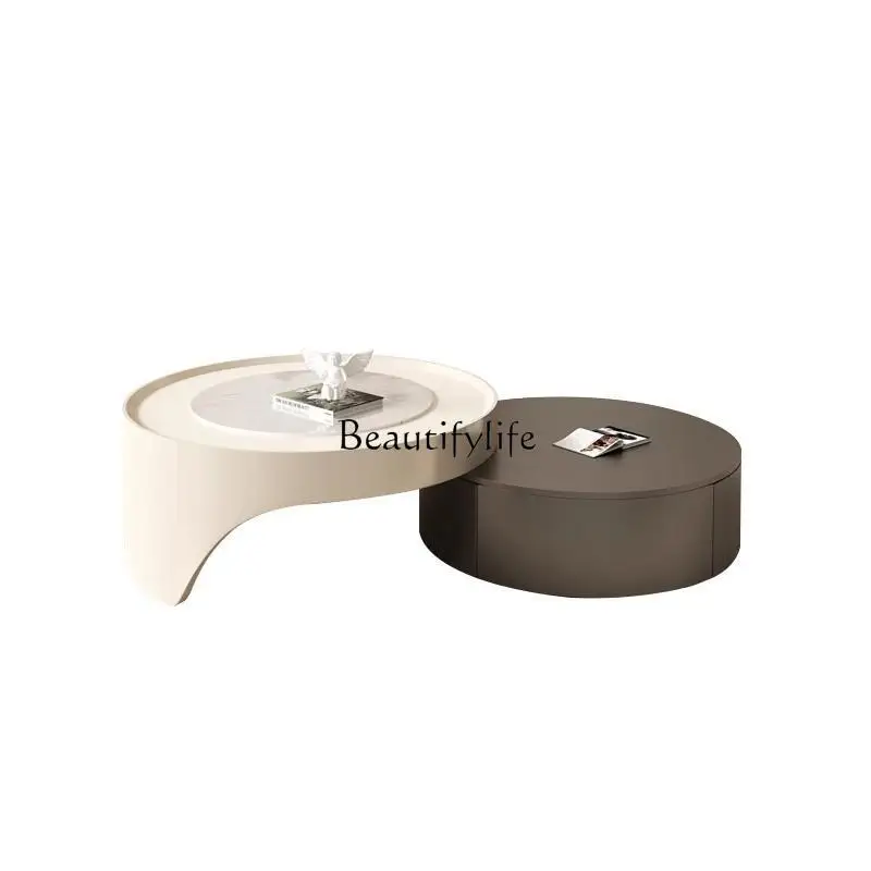 

French cream wind size round coffee table living room household retractable rock slab coffee table