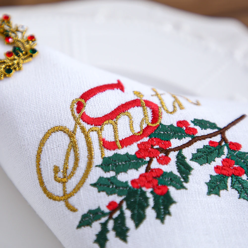 Boże Narodzenie Monogram i nazwa Familiy haftowana serwetka, podkładka, Hemstitch, bawełna + len, dekoracja stołu