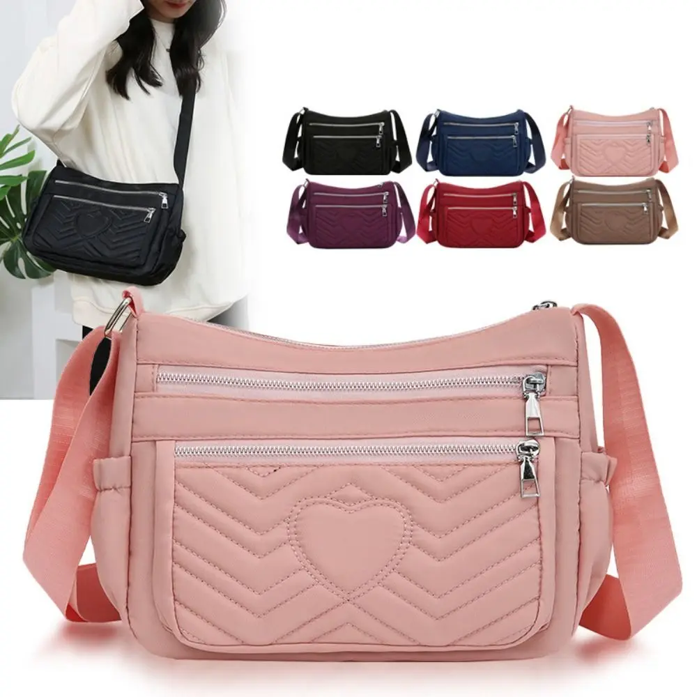 Nylon Messenger Bags Solid Color Heart Embroidery Large Capacity Shoulder Bag Waterproof Multi Zipper Underarm Bag Women Girls