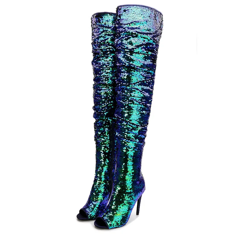 

Sexy Stiletto Heel Zipper Over the Knee For Women With 11CM Sparkly Peep Toe Boots Bling Bling Sequined Cloth Summer Booties