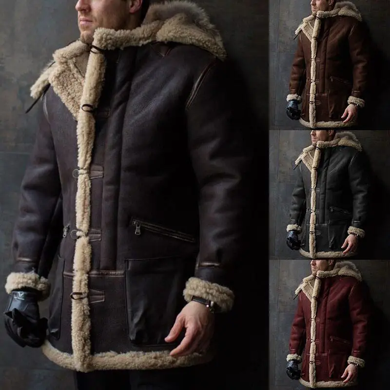 

Men's Fashion Urban PU Leather Velvet Hooded Jacket Coat Island Wool Straight Hemline Single Button Closure Color Coat
