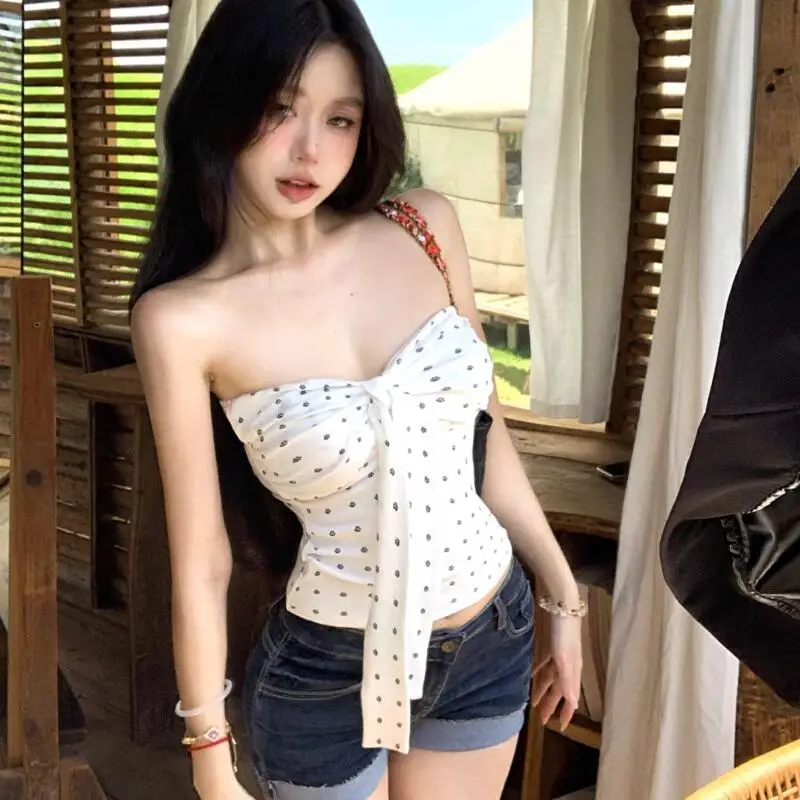 

Корейская версия без бретелек в горошек для женской летней моды, универсальная лента с бантом-бабочкой, сексуальный топ без рукавов