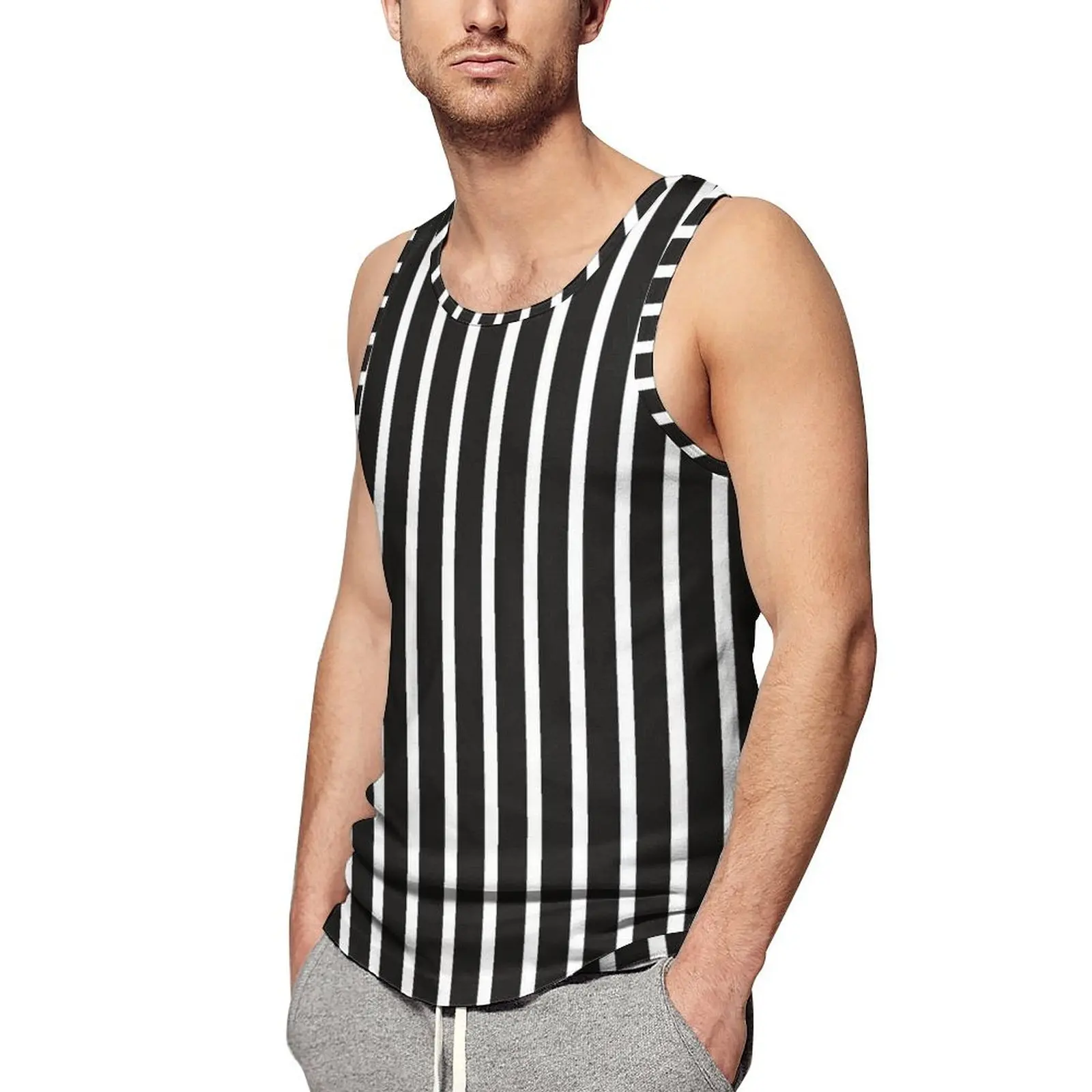 

Black And White Striped Tank Top Vertical Lines Fashion Tops Summer Training Male Printed Sleeveless Shirts Large Size