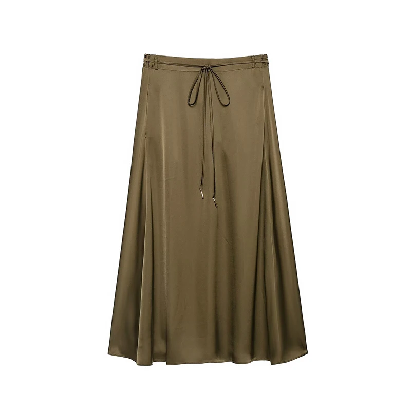 YENKYE Women Olive Green Satin Midi Skirt Drawstring Waistband High Waist Flowy A‑Line Skirt Casual Bottoms