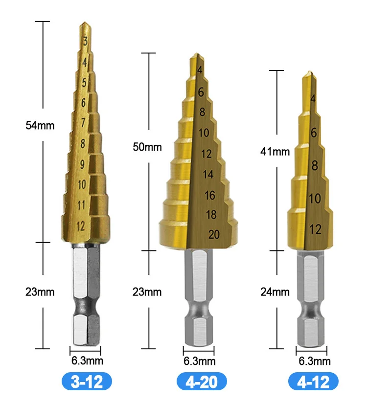 3PCS punta esagonale per scanalatura diritta 3-12 4-12mm 4-20mm HSS titanio rivestito in legno metallo foro taglierina cono strumenti di perforazione