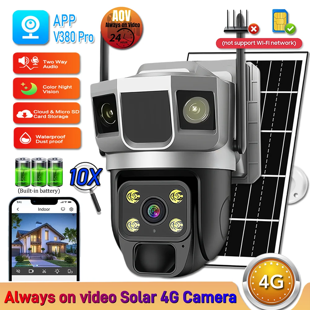 

4G Solar Camera Built-in Battery 24H Always On VideoTracking Cameras 5MP HD Outdoor PTZ Smart Security IP Surveillance V380 Pro