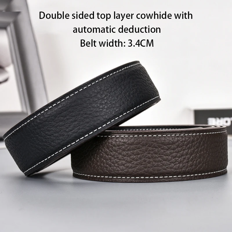 High end casual leather buckle free men\'s belt with headless lychee pattern, perforated buckle, single belt