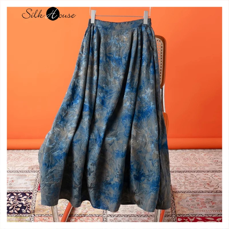 2024 Women's Summer New Chinese Style Art Grass Dyed Pleated Texture 100%Natural Mulberry Silk HuaLuo Fragrant Cloud Gauze Skirt