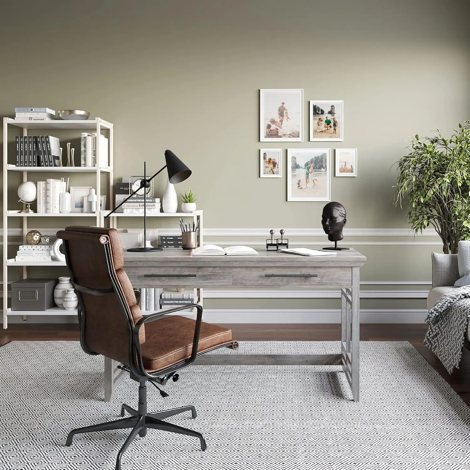 Modern Simple Home Office Computer Desk Wood Study Table Workstation With Drawers 55 Inch Gray Wash, Customized