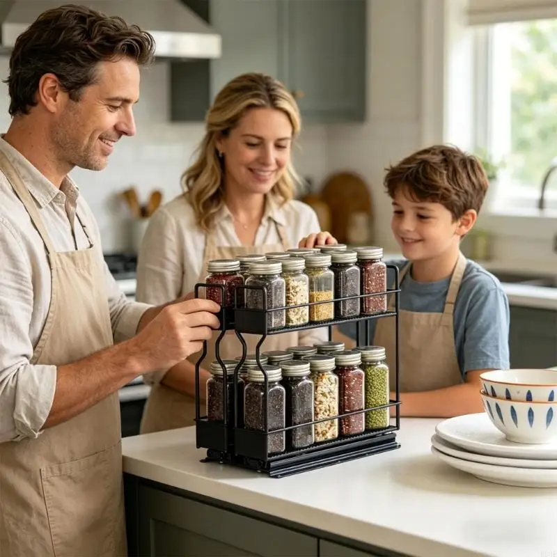 

Two Kitchen Seasoning Holder With 2 Level Storage Space Durable Carbon Steel Structure For Cabinets And Pantries B03E