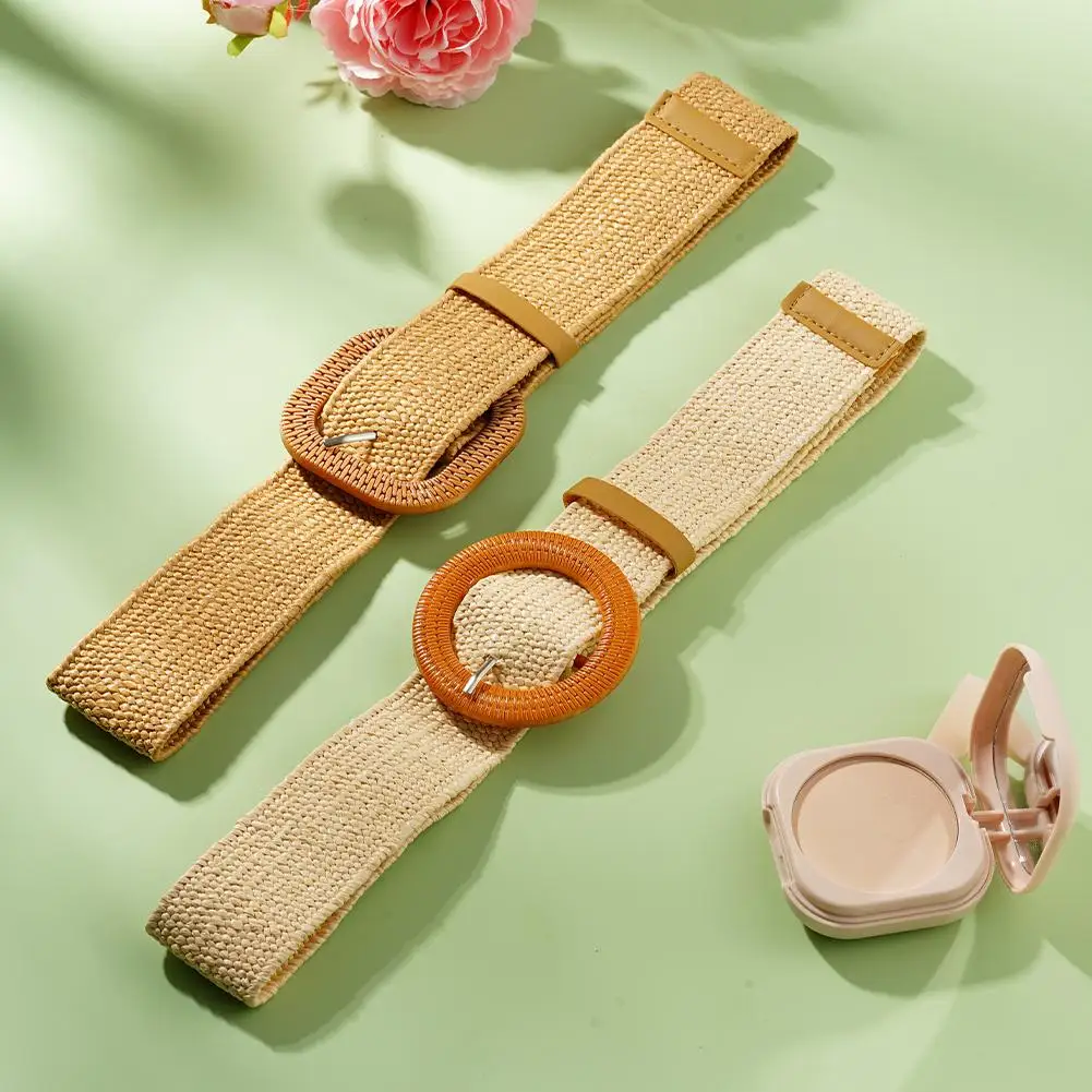 Fashion Bohemia Belt Elastic Braided Belts Straw Waistband Fake Linen Woven Weave Belt Solid Straw Wide Belts for Women