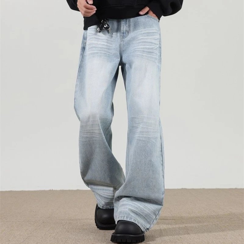 American Retro Crack-washed Distressed Lightning-shaped Flared Jeans High Street Loose Jeans for Both Men and Women Man Pants