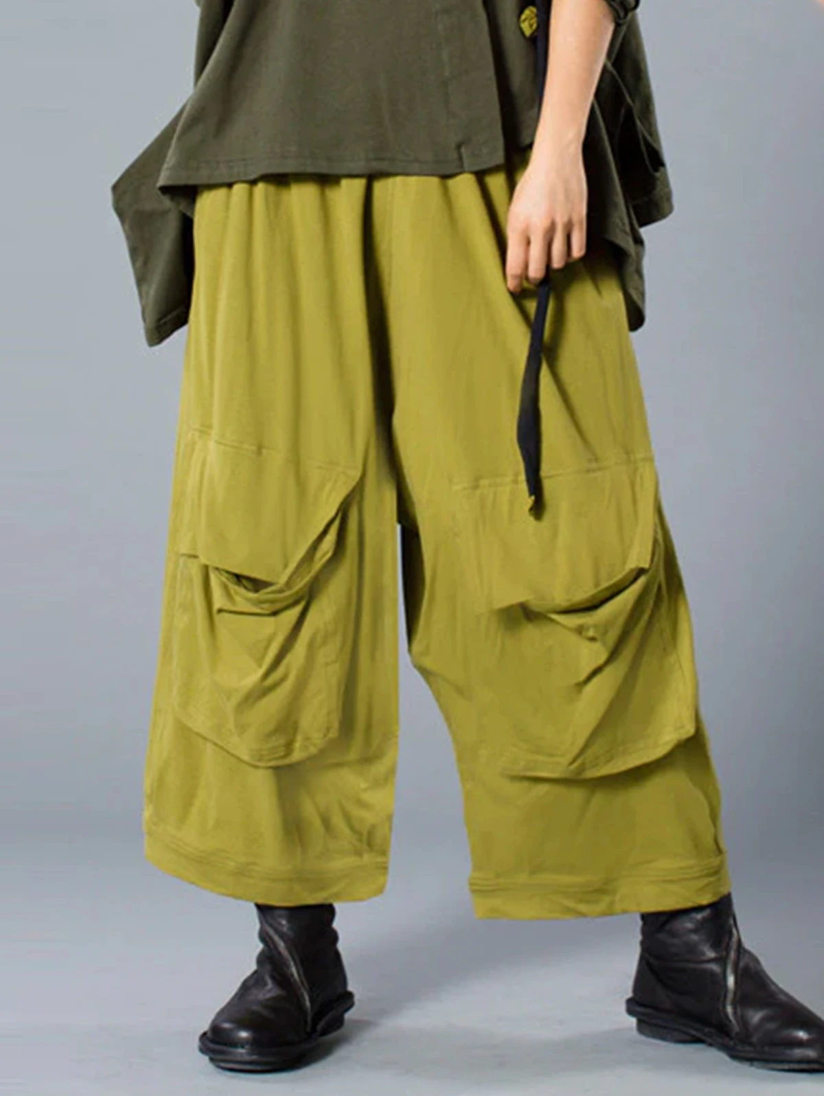 Oversized Cargo Culottes Pants Draped Big Pocket Wide Leg Cropped Trousers Women Loose Baggy Streetwear Casual Pants