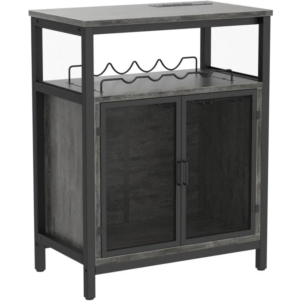 Wine Bar Cabinet com RGB Light e Outlet, Free Standing Wine Rack Table, Liquor Cabinet com suporte de vidro