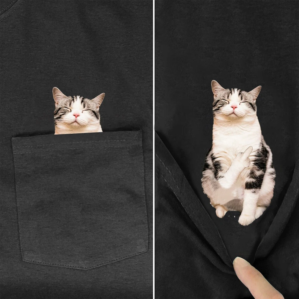 CLOOCL Summer Black Tshirt Middle Finger Cat 3D Printing Pocket Tee Pullover Women Men Short Sleeve Graphic T Shirts