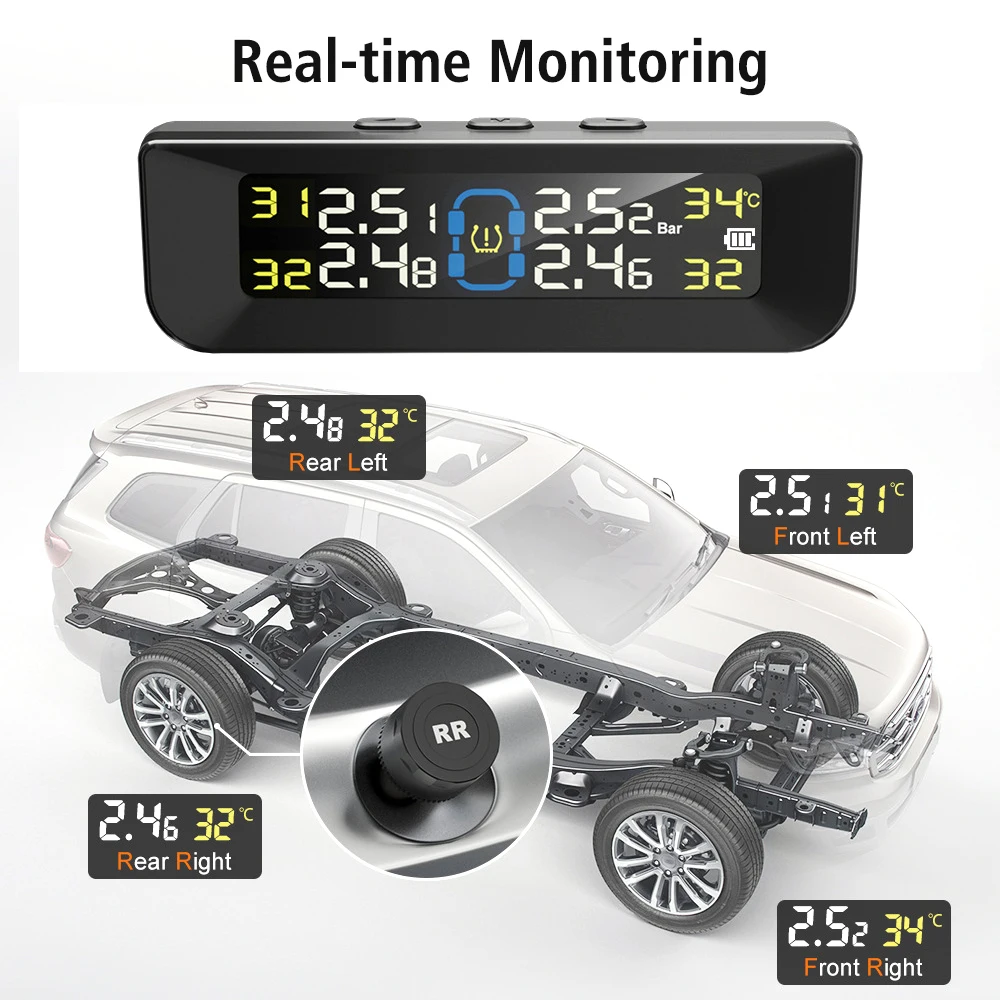 Digital LCD Display Car Tire Pressure Monitoring System Auto Security Alarm Systems Solar/USB Powered TPMS Real Time Monitor