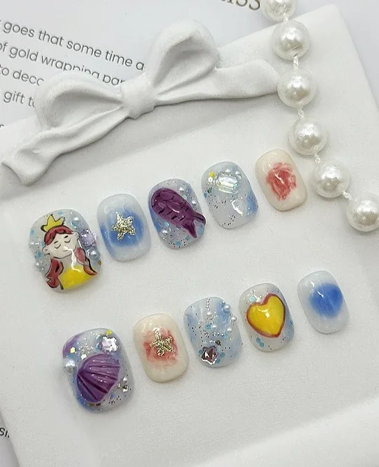 귀여운 만화 프레스 네일 수제 인어 공주 수중 세계 진주 쉘 반짝이는 가짜 네일 패치 탈착식