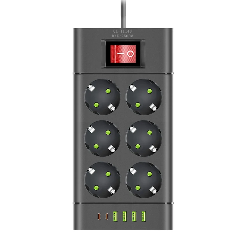 EU Plug Stekkerdoos DC Outlet Verlengsnoer 6/8/10 Stopcontact met 4 USB 2 Type-C Poorten Ondersteuning 2500 W Huishoudapparatuur