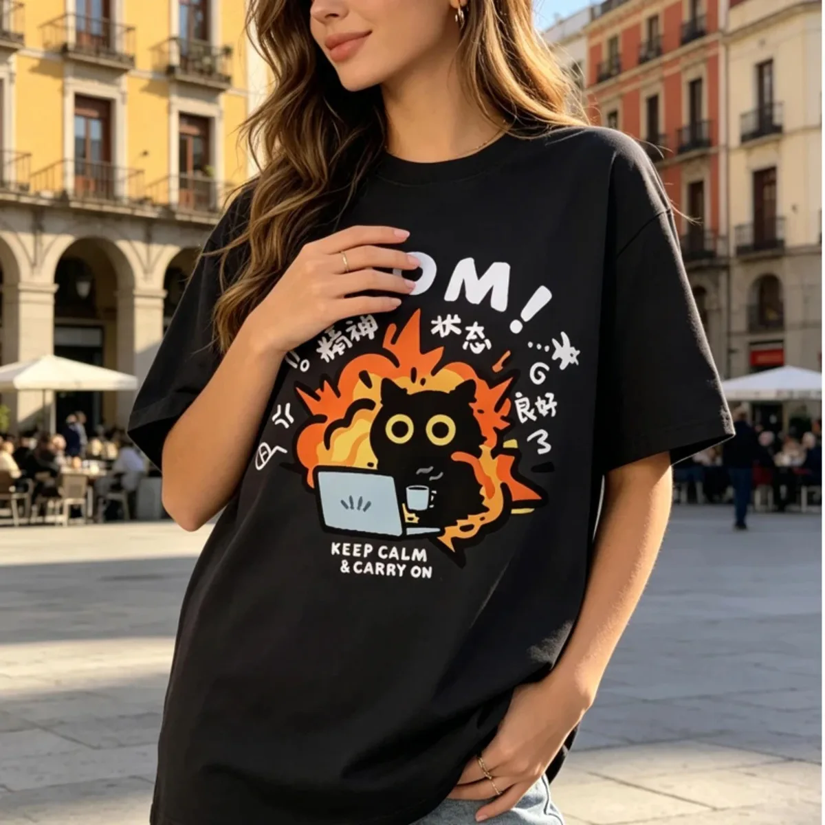 Oversized Women Good Mental State Short Sleeved Kawaii T-shirt for Men Tee Clothes Loose Casual Cartoon Top Y2K