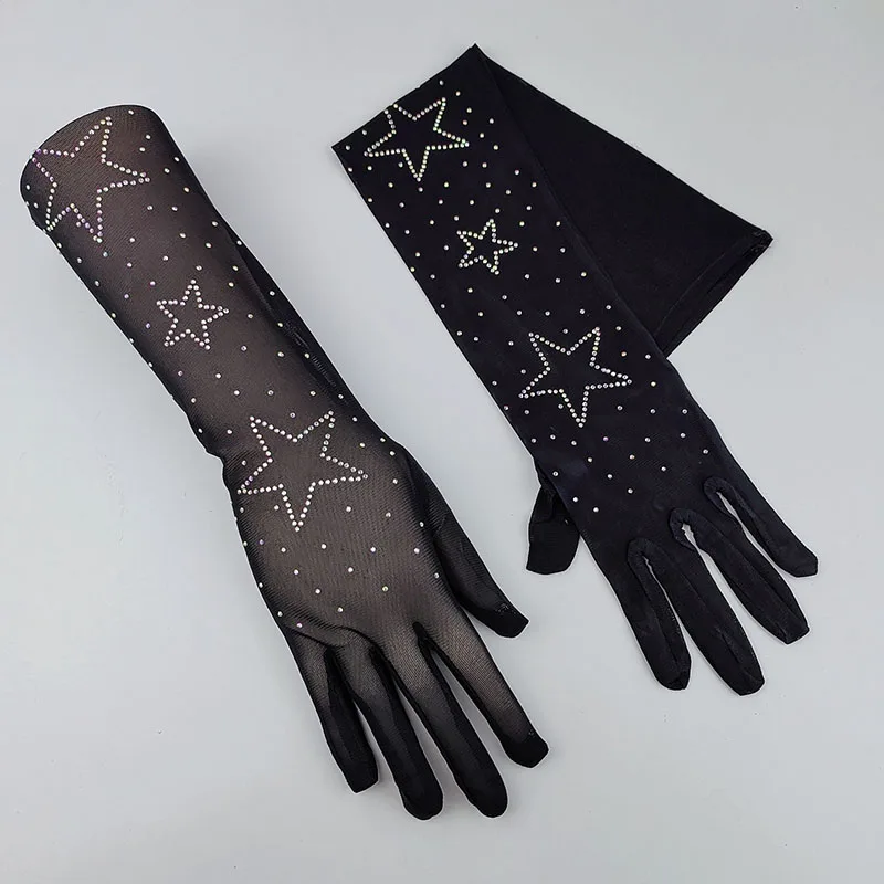 55CM Long Thin Sexy Lace Sunscreen Black Mesh Star Shiny Rhinestone Gloves Cosplay Halloween Makeup Party Costumes Accessories
