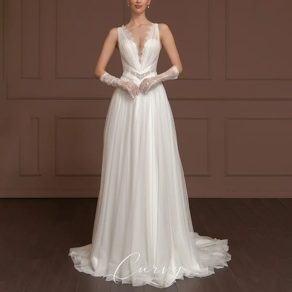 Curvy Elegant Sophisticated Customized Deep V Sleeveless Lace Trim Chiffon Bridal Dress with Floor Train for Women 2026