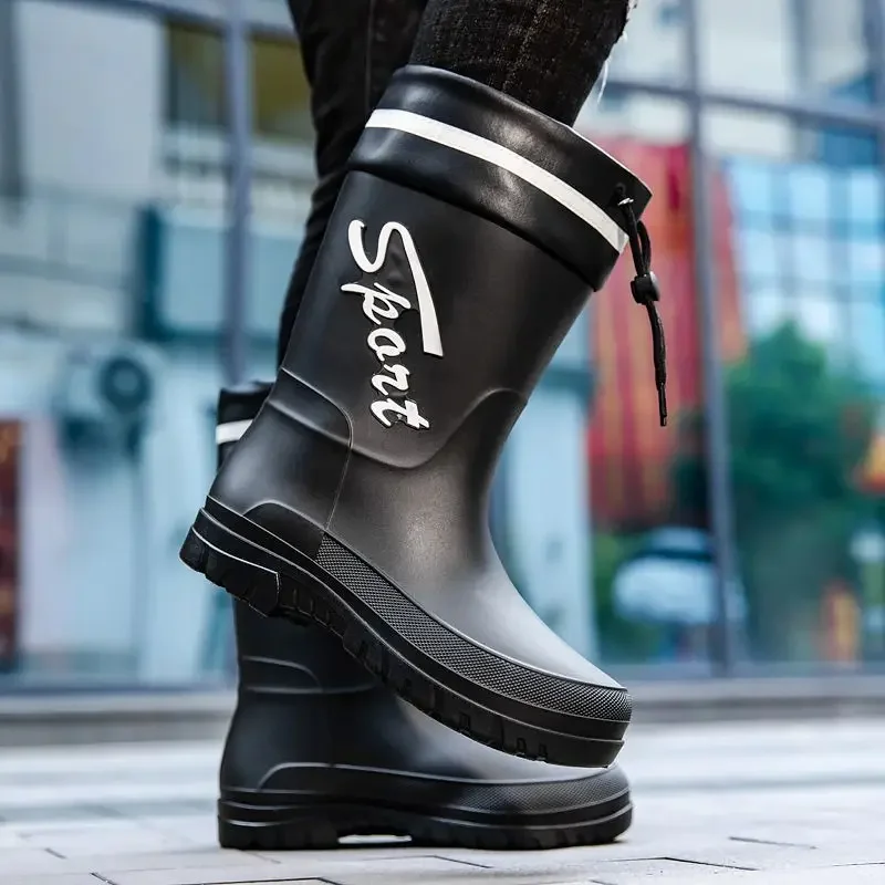 Warm Alphabet Mid Calf Fleece-lined Motorcycle Winter Men's Rain Boots Wear-resistant Cheap Wellies Fishing Fashion Male Shoes
