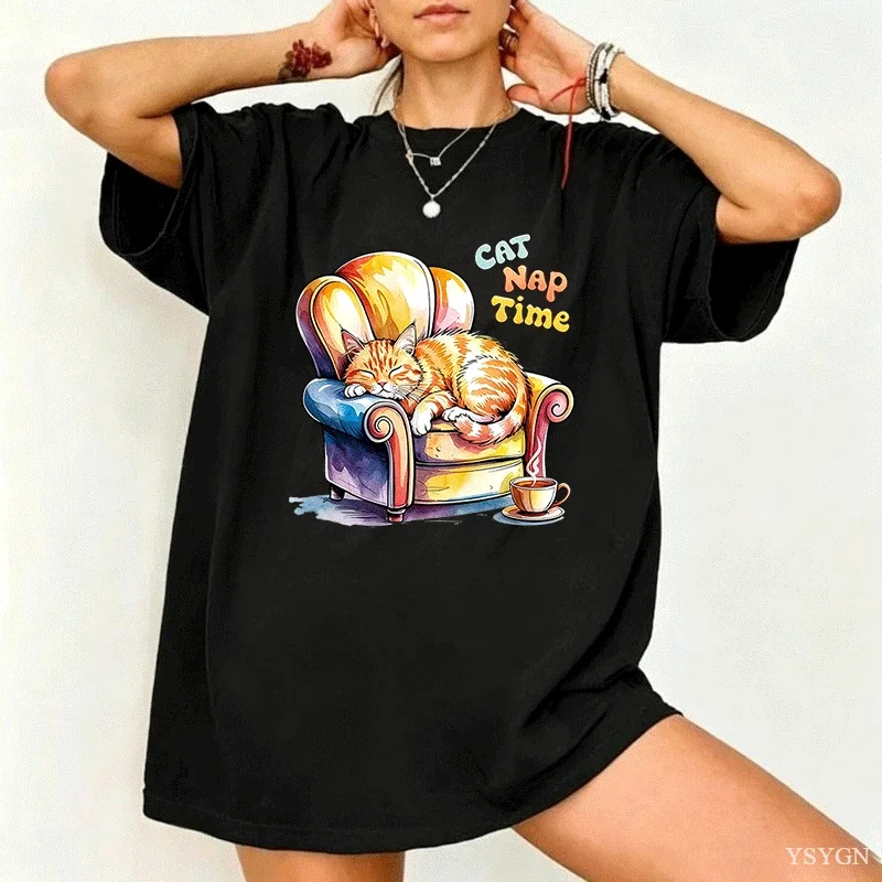Womens Short Sleeve T Shirt Cat Nap Time Sleeping Cat Coffee Graphic Print Crew Neck Tees Cute Pet Casual Loose Tops