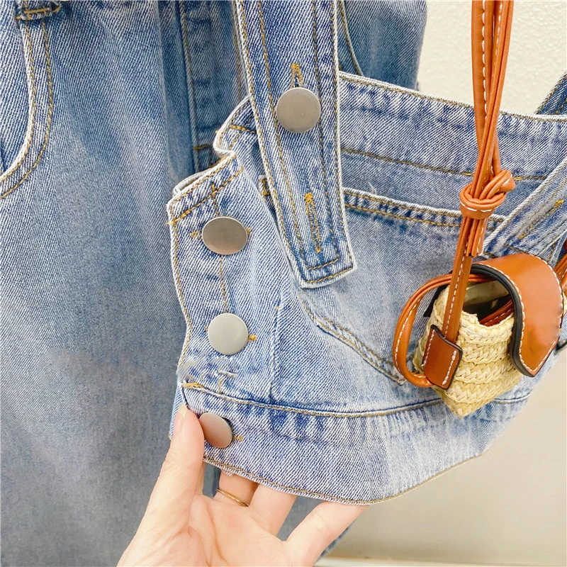 New Summer Girls\' Clothing Sets Pocket Buttons Street Denim Vest +Wide-Leg Pants Fashion Baby Kids Outfit Children Clothes Suits