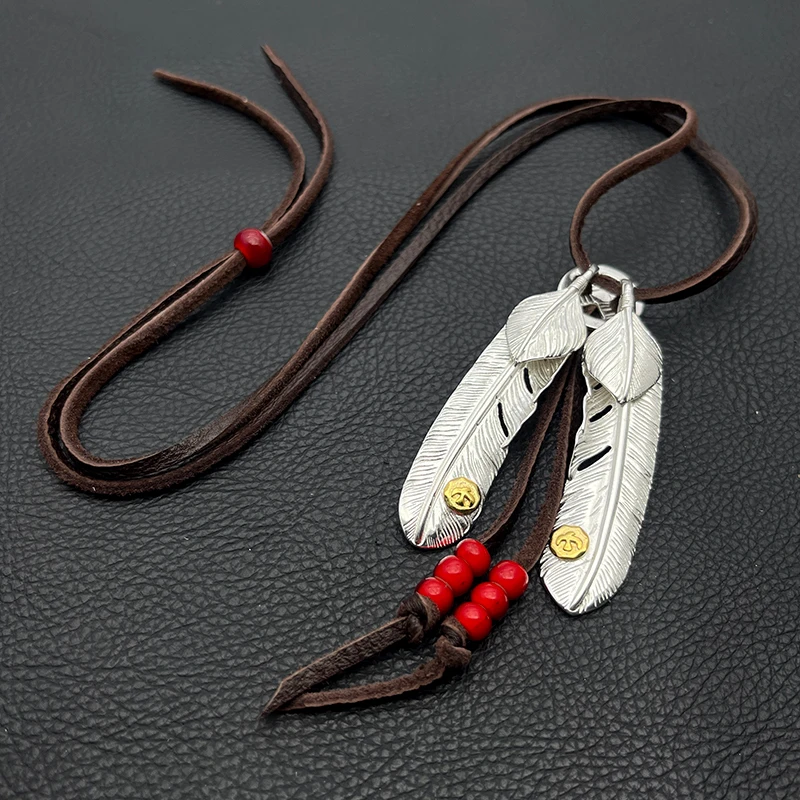 Handmade Alloy Double Color Feather Pendant Deerskin Leather Necklace, Goros Unisex Fashion Jewelry, Trendy Holiday Party Charm
