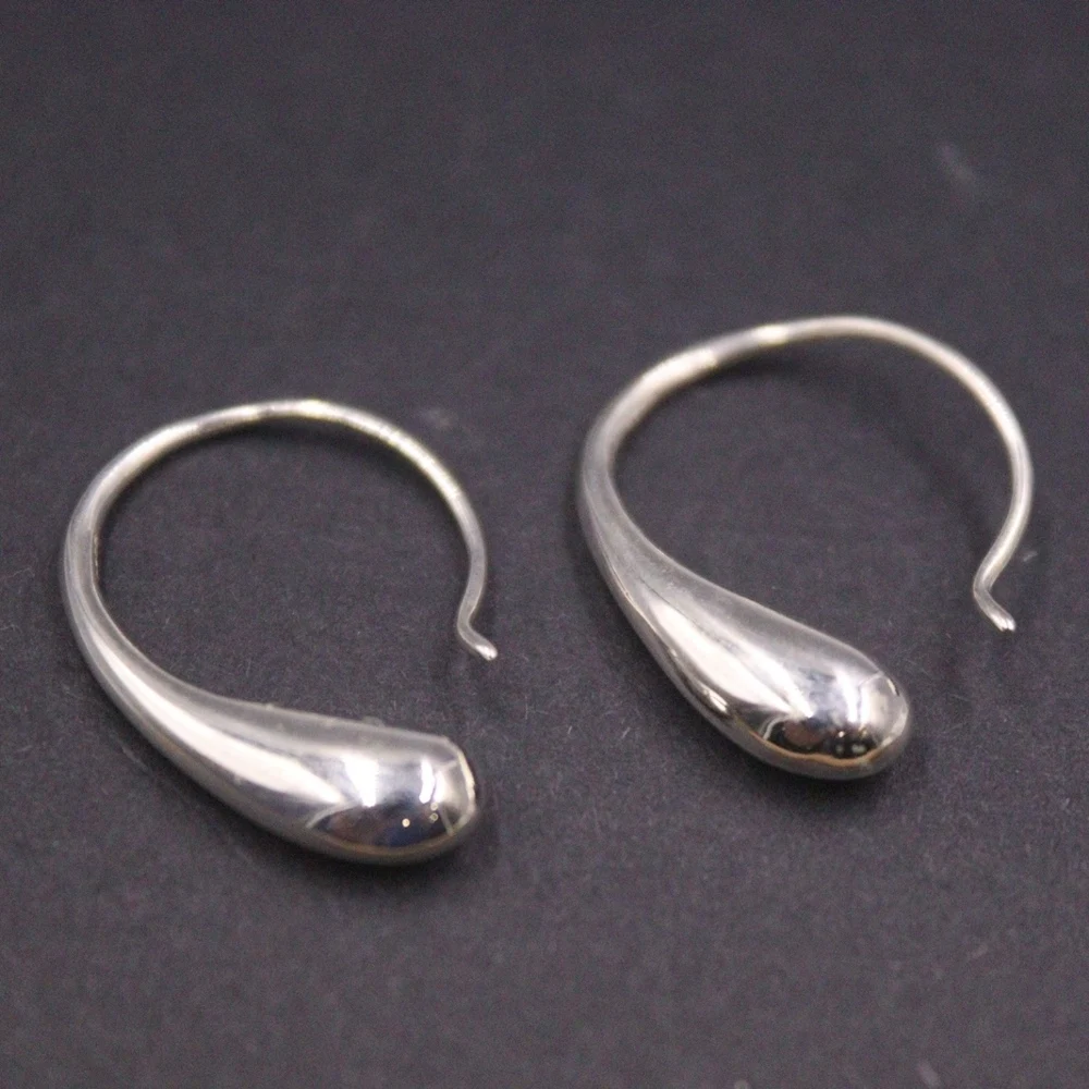 

Real Solid 925 Sterling Silver Dangle Women Lucky Glossy Curved Water Drop Circle Earrings