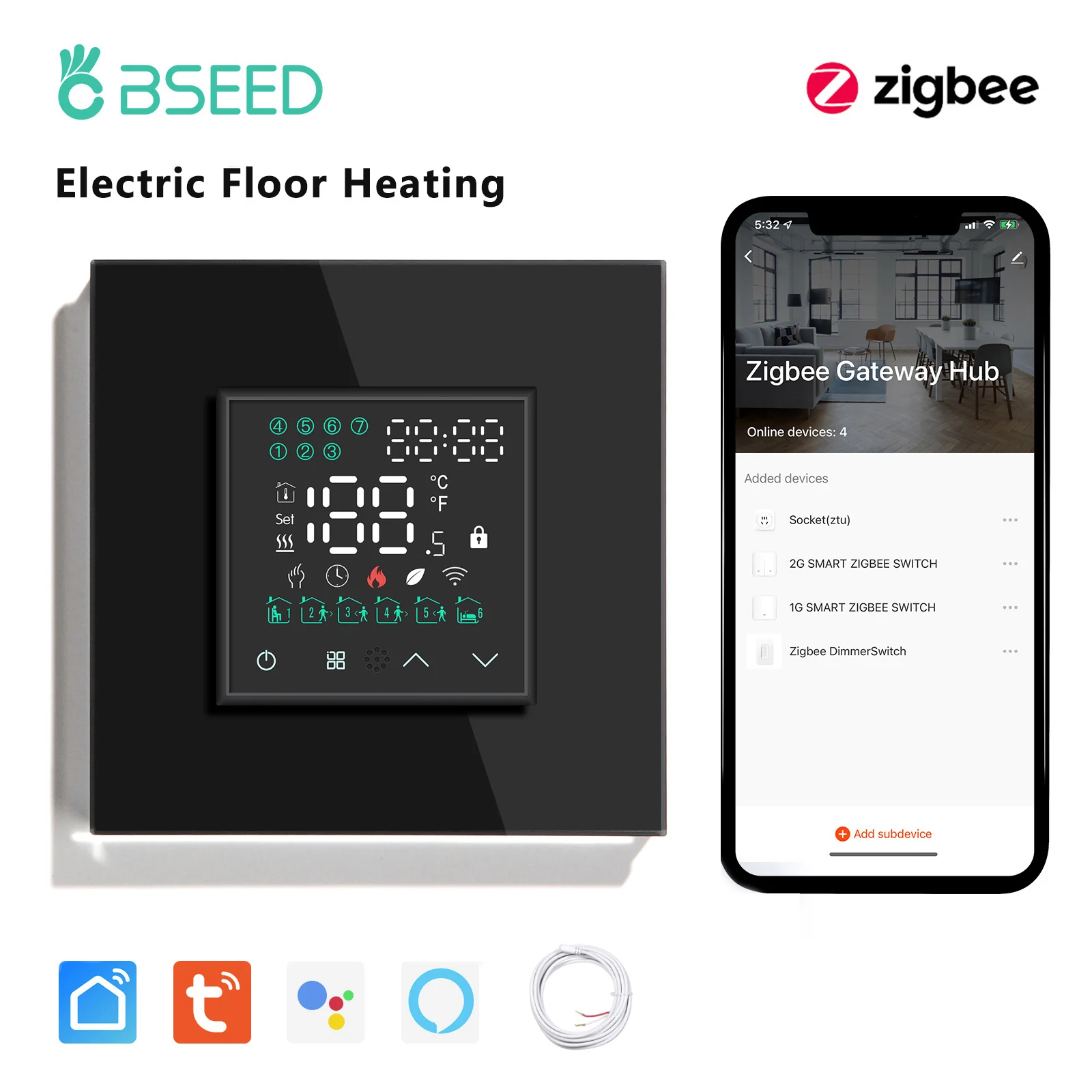 BSEED ZigBee Thermostat Touch Screen for Electric Floor Heating Water Boiler Temperature Tuya App Control Google Home Alexa