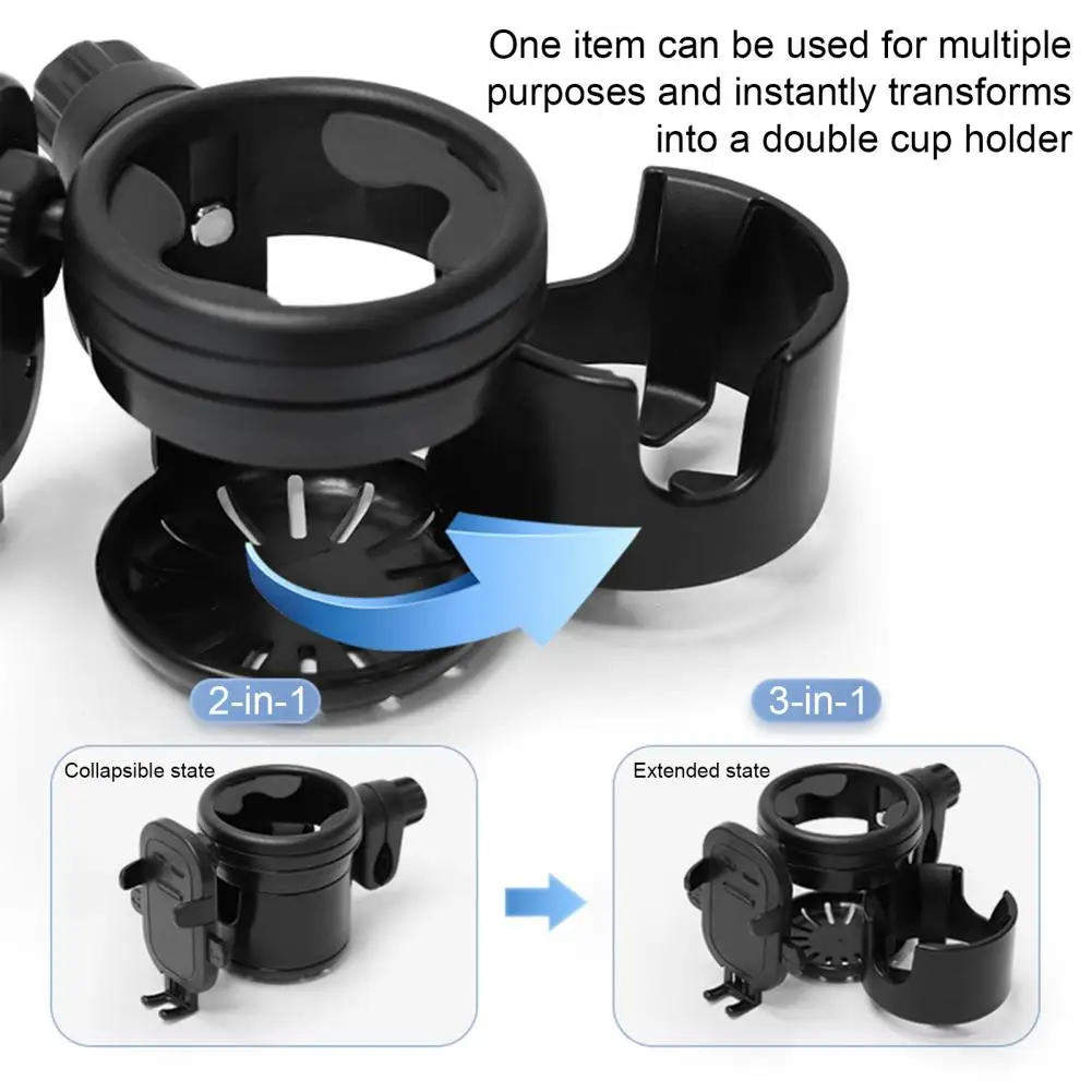 3 in 1 Stroller Cup Holder with Phone Mount Rotatable Drink Holder Non Slip Removable Stroller Cup Holder for Parents