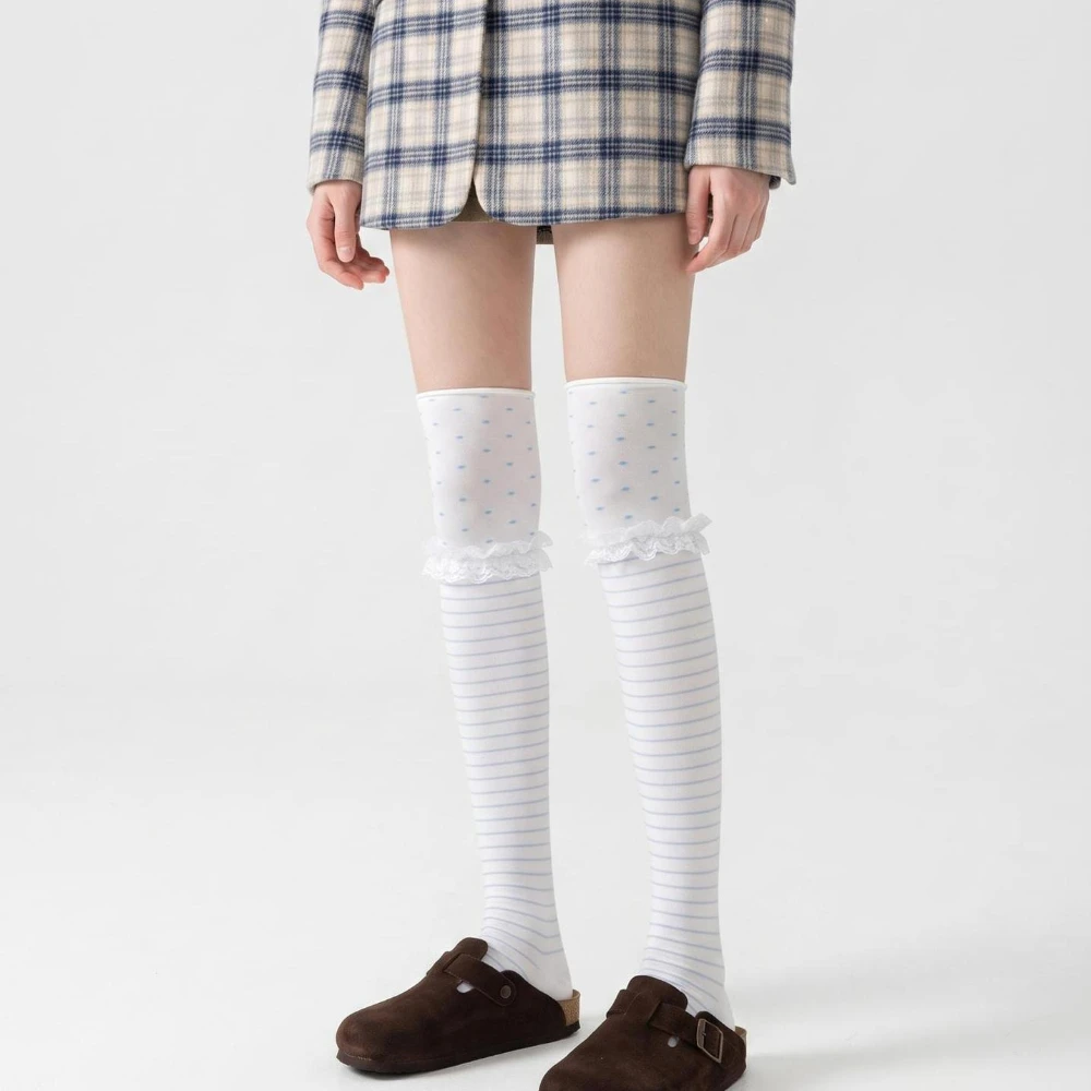 Japanese Polka Dot Striped Spliced Over Knee Socks Japanese French Lace Trim Mid Calf Socks Daily Outing Commute Slouch Socks