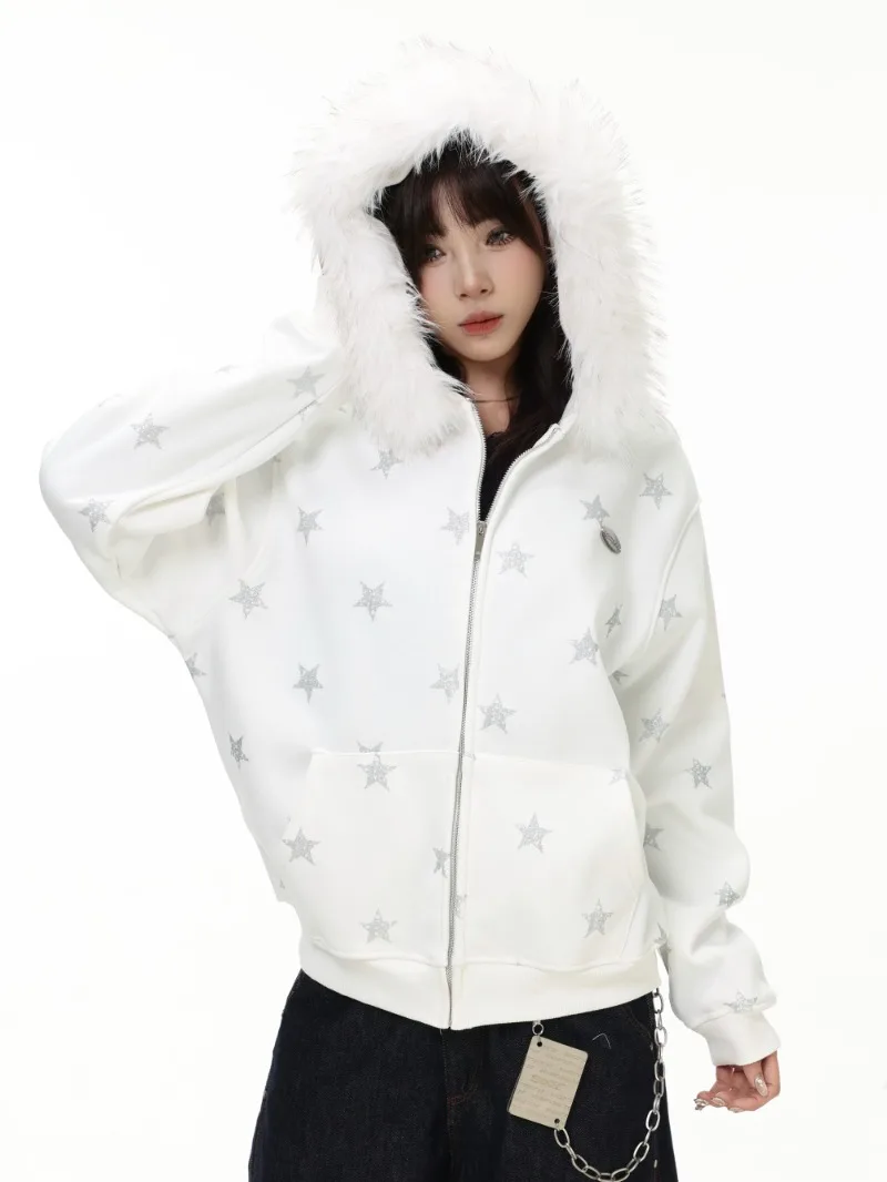 American Retro Fashion Trend Star Print Fleece Hoodie Loose Casual Zipper Jacket Unisex