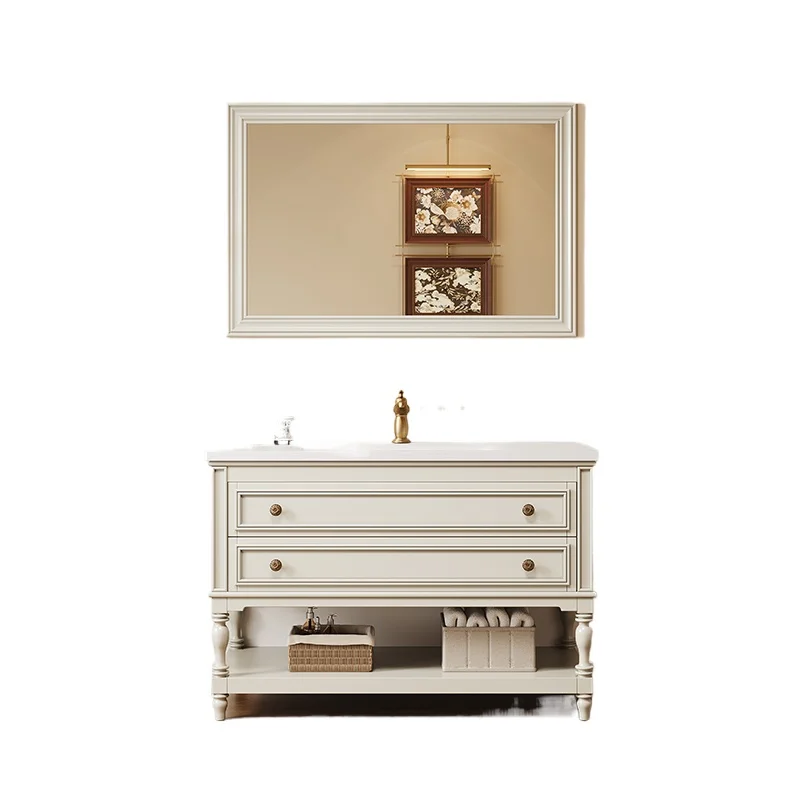 

New Corian integrated basin American retro style floor-to-ceiling rubber wood paint smart bathroom cabinet