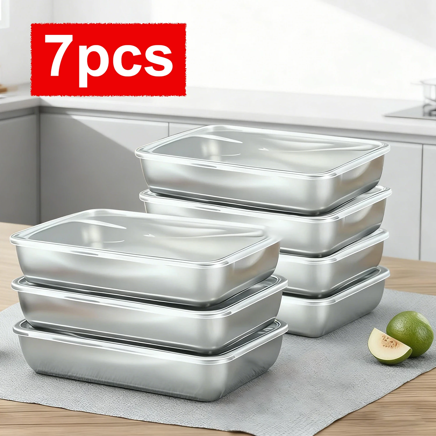 

7pcs Stainless Steel Rectangular Food Storage Pan, With Lid Suitable for Vegetables Fruits Fresh Meat and Various Foods