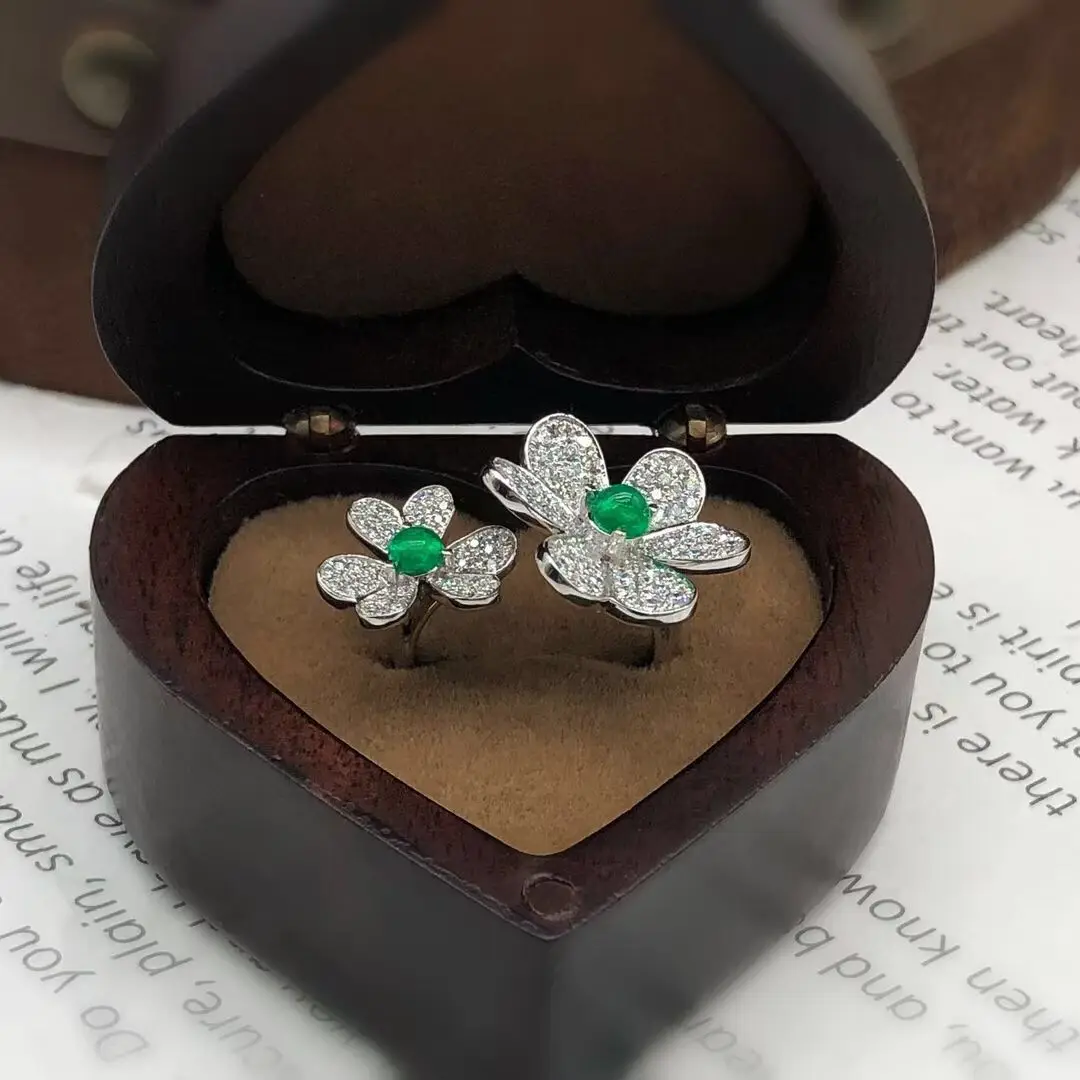 

Classic Irregular Double Butterfly Flower Round Emerald Full Diamond Couple Ring For Women Adjustable Opening Wedding Jewelry