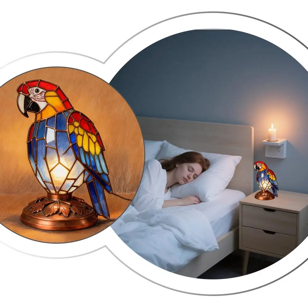 Lampe en vitrail faite à la main, lampe pour oiseaux cardinaux, veilleuse en résine faite à la main pour Table de chevet de noël ﻿