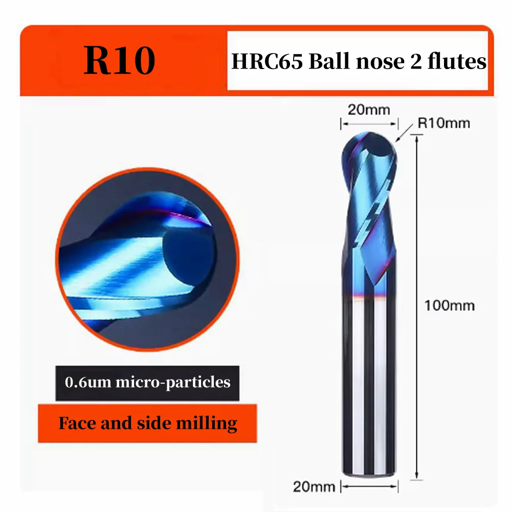 2pcs 20mm HRC65 Tungsten steel Ball nose 2 Flutes Carbide End Mills  with Nanco Blue Coating CNC Bits for Wood  Plastic steel