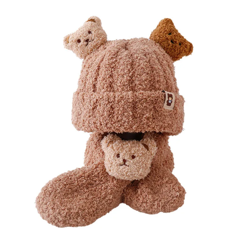 الشتاء الطفل أفخم قبعة 0-2T الكرتون الدب الرضع الفتيات قبعة ووشاح الحلو الدافئة الفراء مبطن قبعة طفل صغير