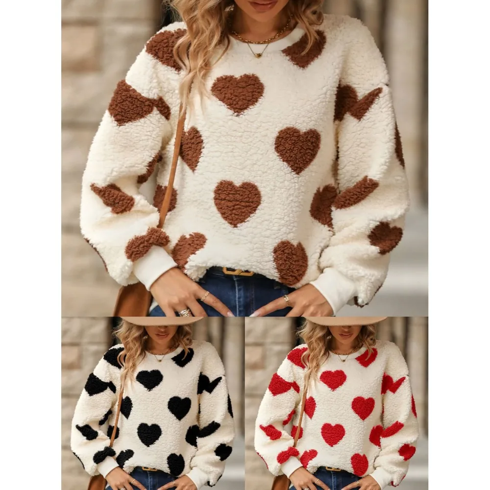 Autumn and Winter New Women\'s Fashion Plush Love Print Loose Long Sleeved Round Neck Pullover Sweater