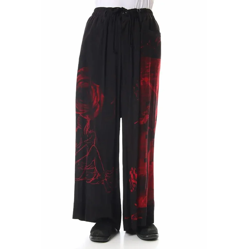 YOJI OOAK تصميم داكن، سراويل غير رسمية متباينة باللونين الأسود والأحمر، سراويل واسعة الساق بطباعة وردية، سراويل فضفاضة #2